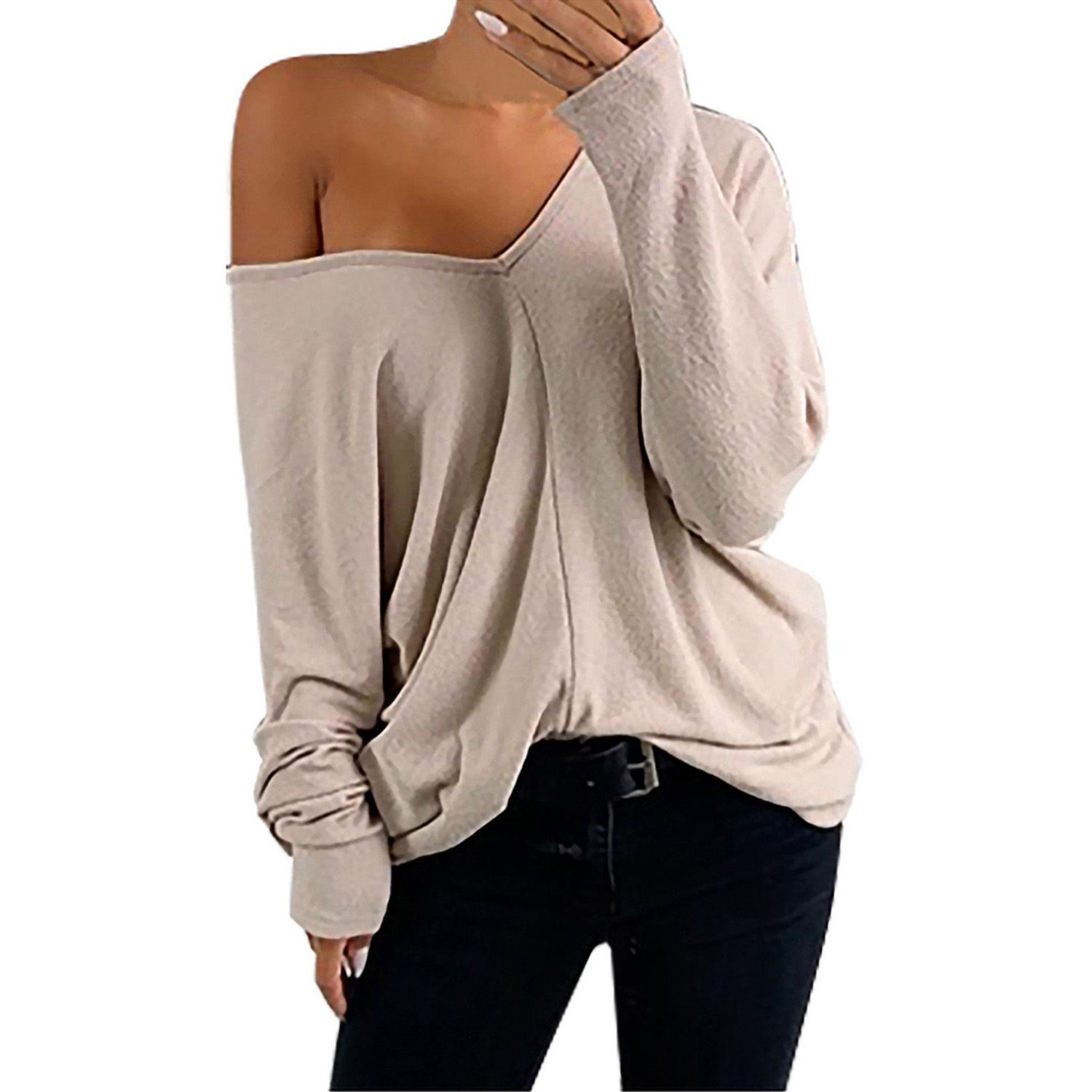 Woman's Fashionable Sexy Solid Color Loose Pullover, V-neck Drop Shoulder Long Sleeve Low-cut T-shirt, Daily Life