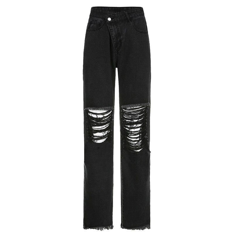 Baggy Black Boyfriend Jeans Pants Women Ripped High Waisted Denim Pants Capris Vintage Holes Distressed Trousers