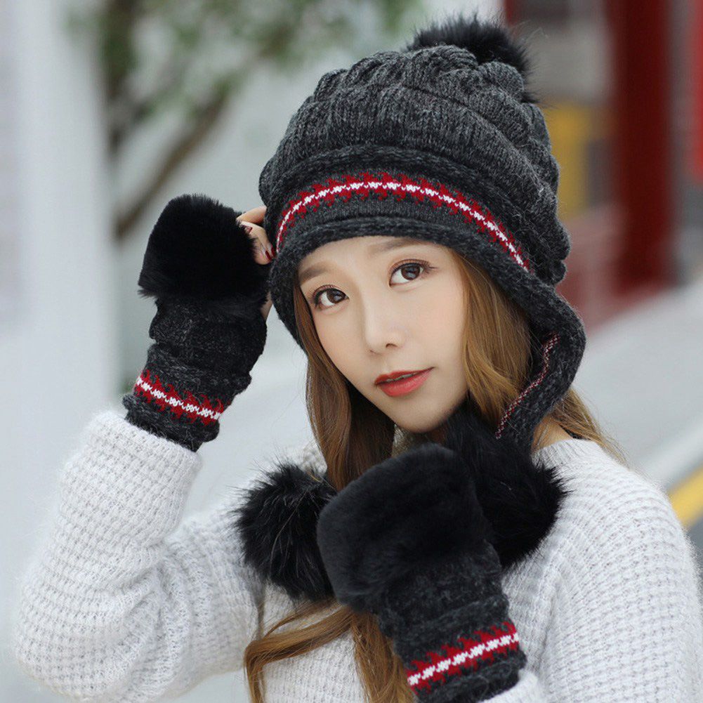 【ALLGOOD】Warm Women Cap Gloves Set Winter Hat Gloves Sets Fashion Windproof Ear Flap Beanie Bonnet