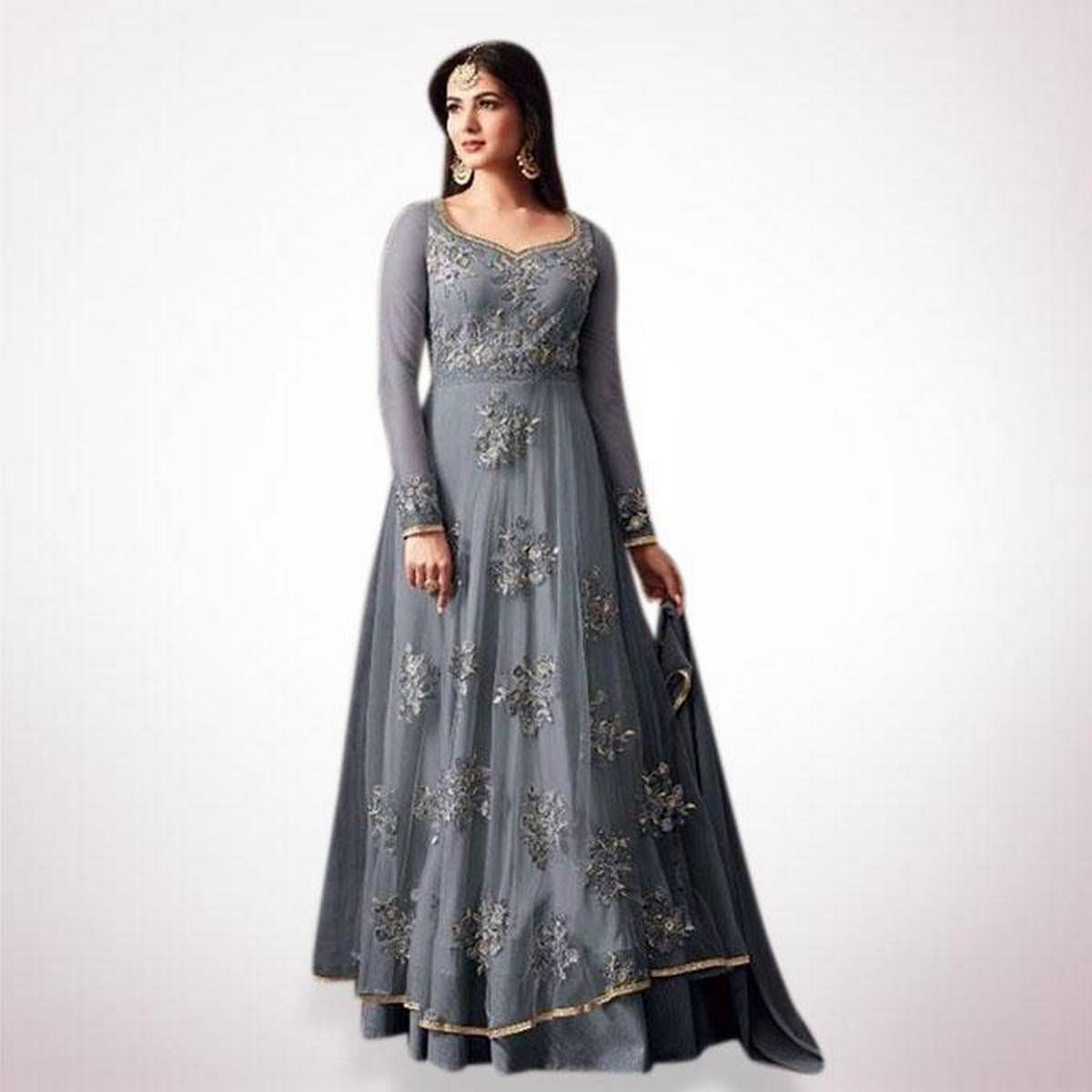 Unstitched Gray Georgette Gown For Women