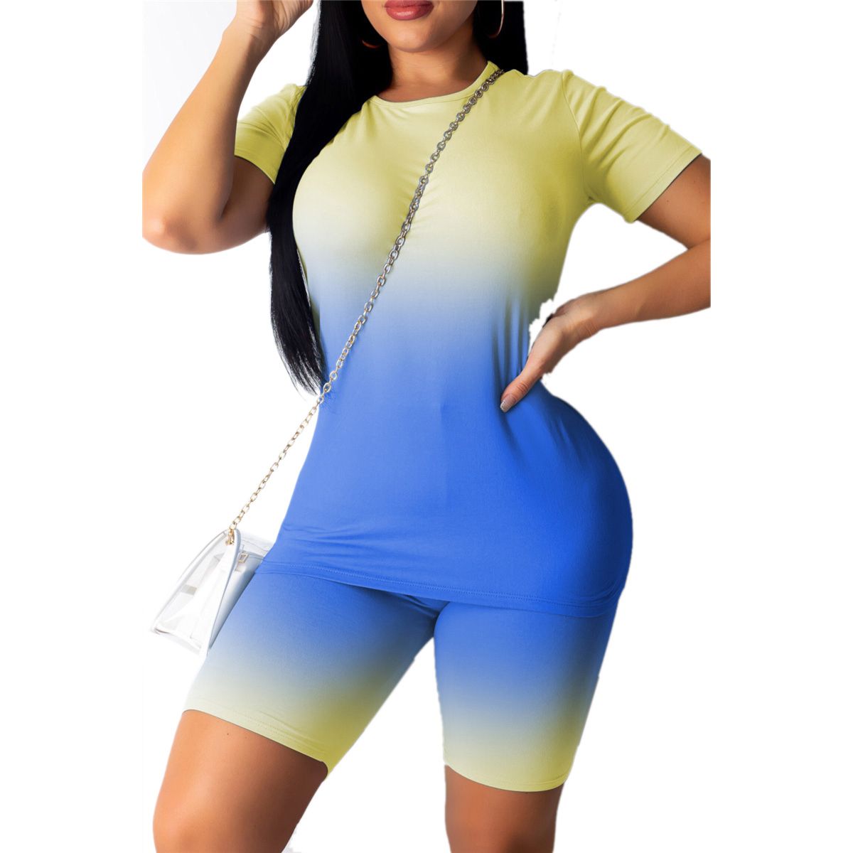 2021 Women's Tie Dye Workout Set, Round Neck Short-Sleeved T-shirt + High Waist Five-Point Pants (S/M/L/X