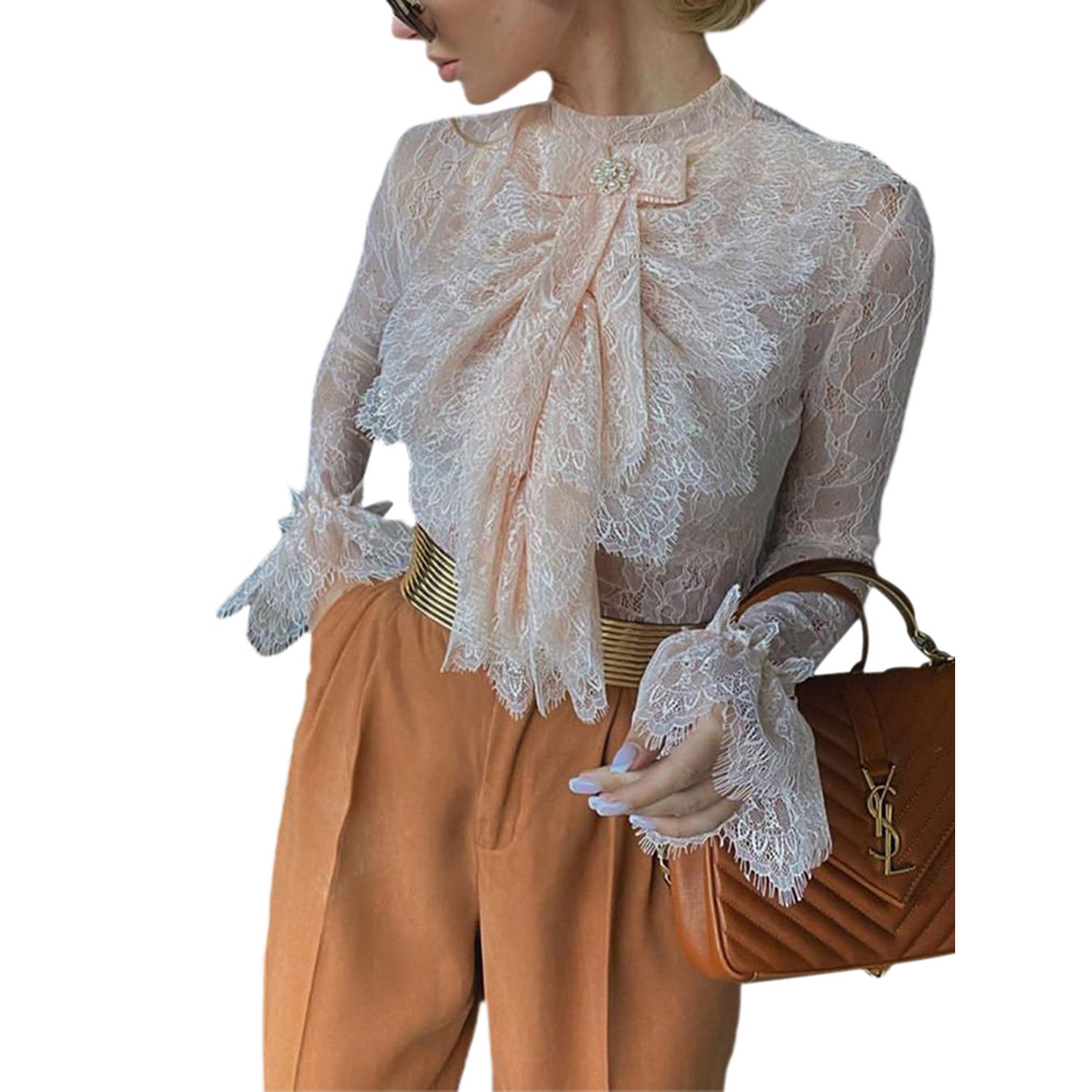 New Women Top Shirt, Long Sleeve Mesh See Through Slim Outfit, Bow Mock Neck Multi-Layer Lace Formal Blo