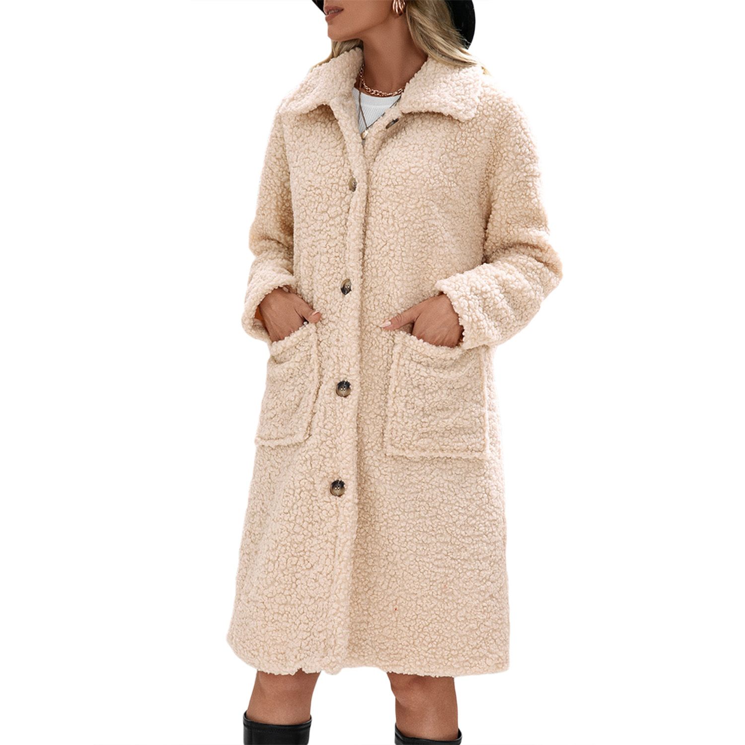Female Coat, Solid Color Turn-Down Collar Long Sleeve Jacket with Pockets for Fall Winter, S/M/L/XL