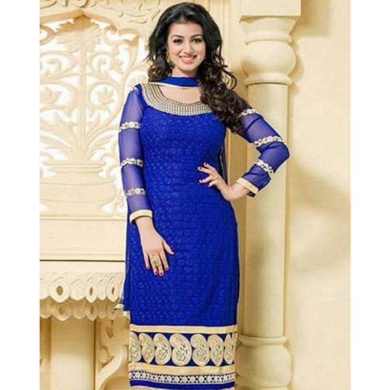 Unstitched Blue  Printed Cotton Salwar Kameez For Women