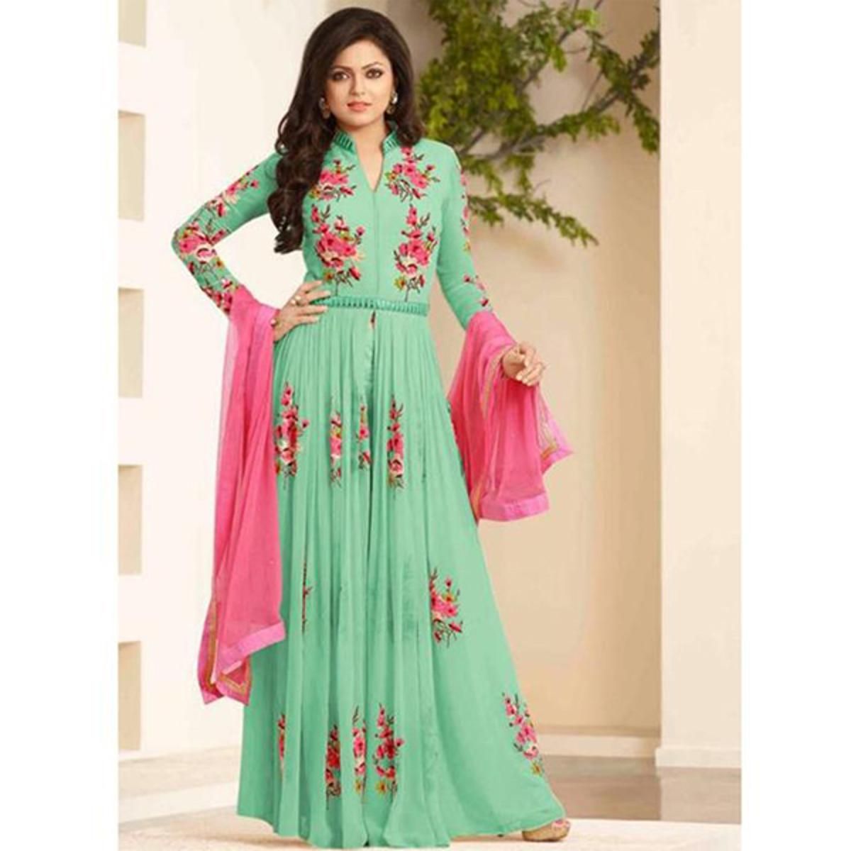 Light  Turquoise  Georgette  Semi  Stitched  Gown  for  Women