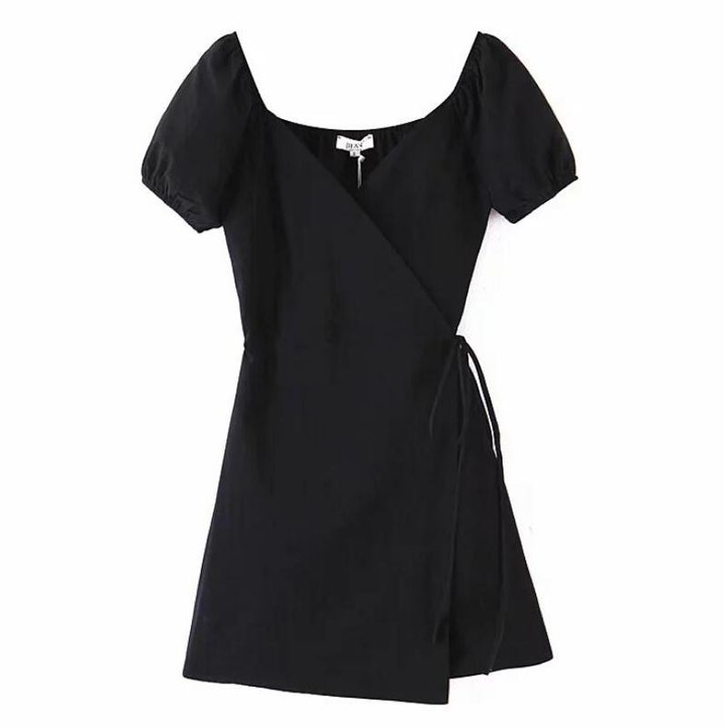 2020 New French V neck Front Slit Wrap Dress Holiday Woman Tie Lace up Waist Short Sleeve Short Dresses black Tea Vestido