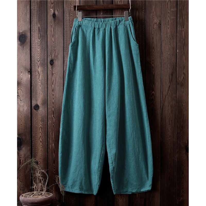Johnature Autumn Solid Color Pockets Loose Pants Women Vintage Elastic Waist Cotton Linen Wide Leg Full Length Pants