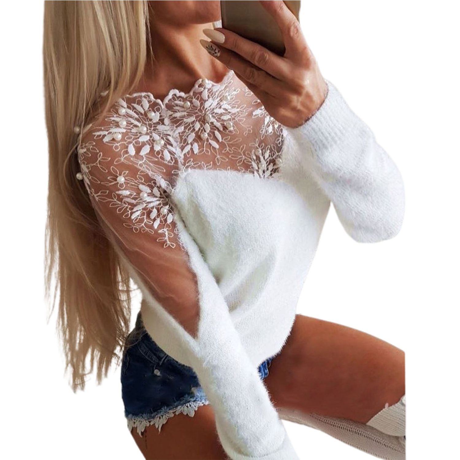 Women Sweater Long Sleeve Crochet Lace Stitching Jacquard Sweater Jumper
