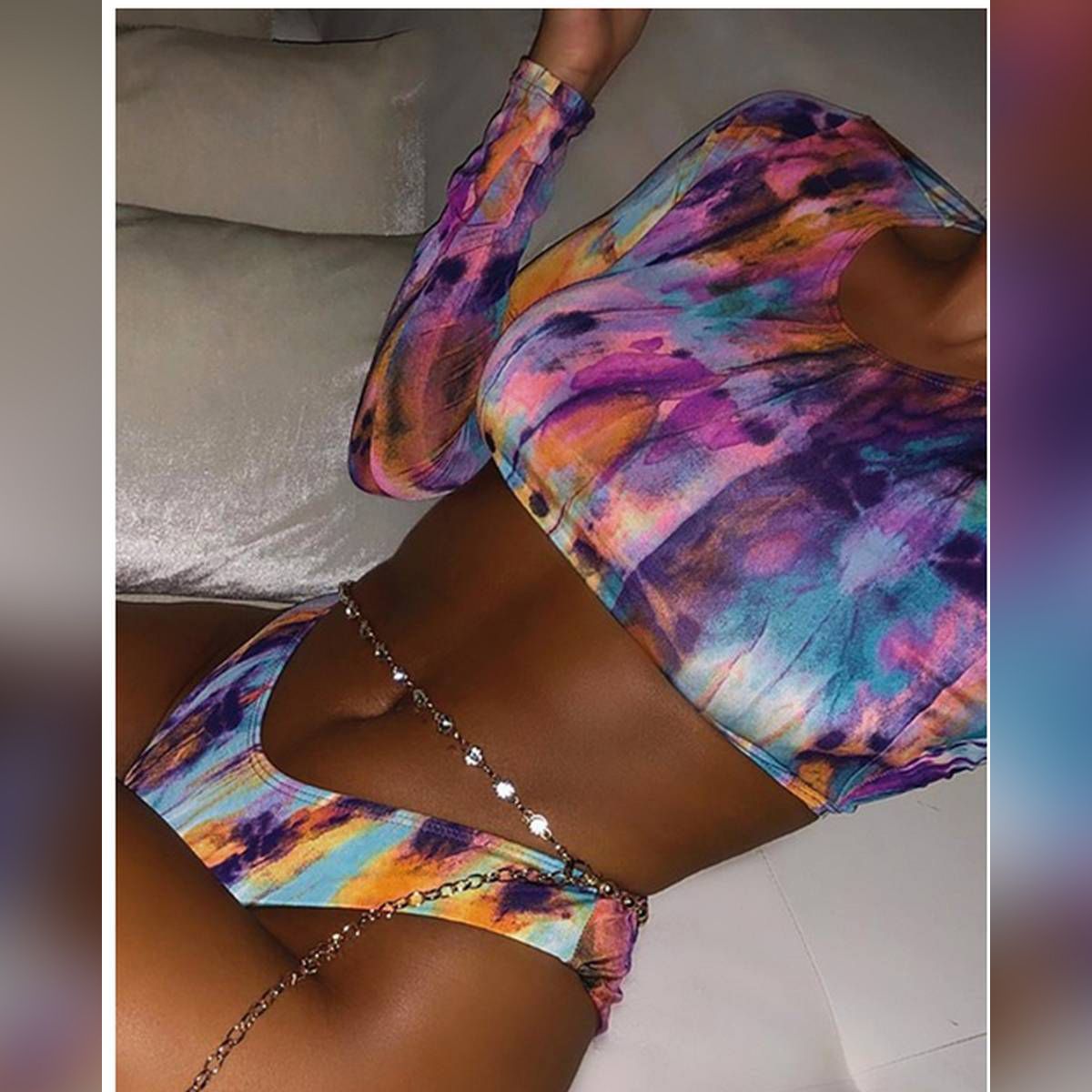 Women's 2-Piece  Bikini Set Round Neck Long Sleeve Crop Bra High Waist Triangle Panty Swimming Suit Bathing Suit For Swimming and Water Related Activities