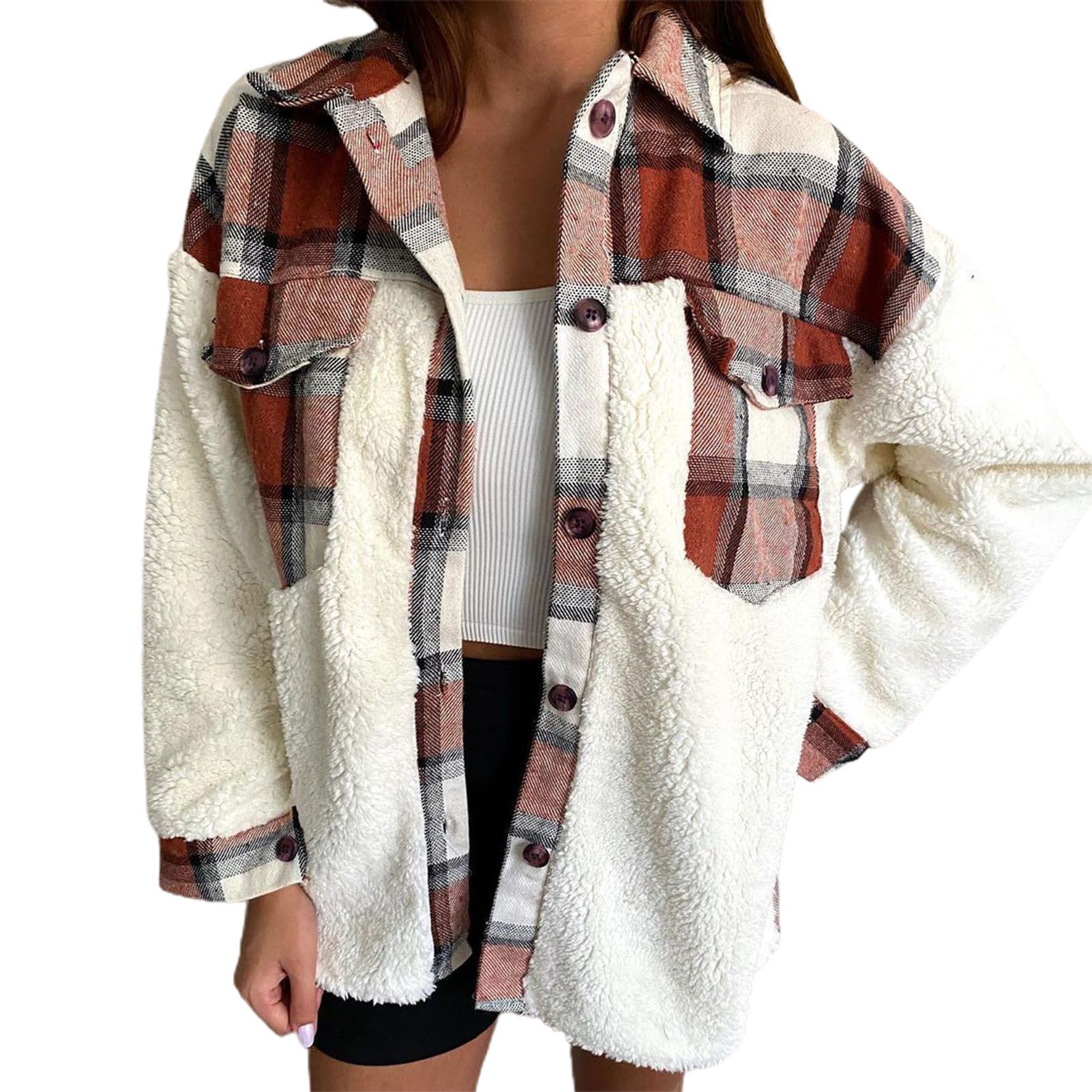 Plush Overcoat Turn-Down Collar Plaid Patchwork Pockets Plush Overcoat