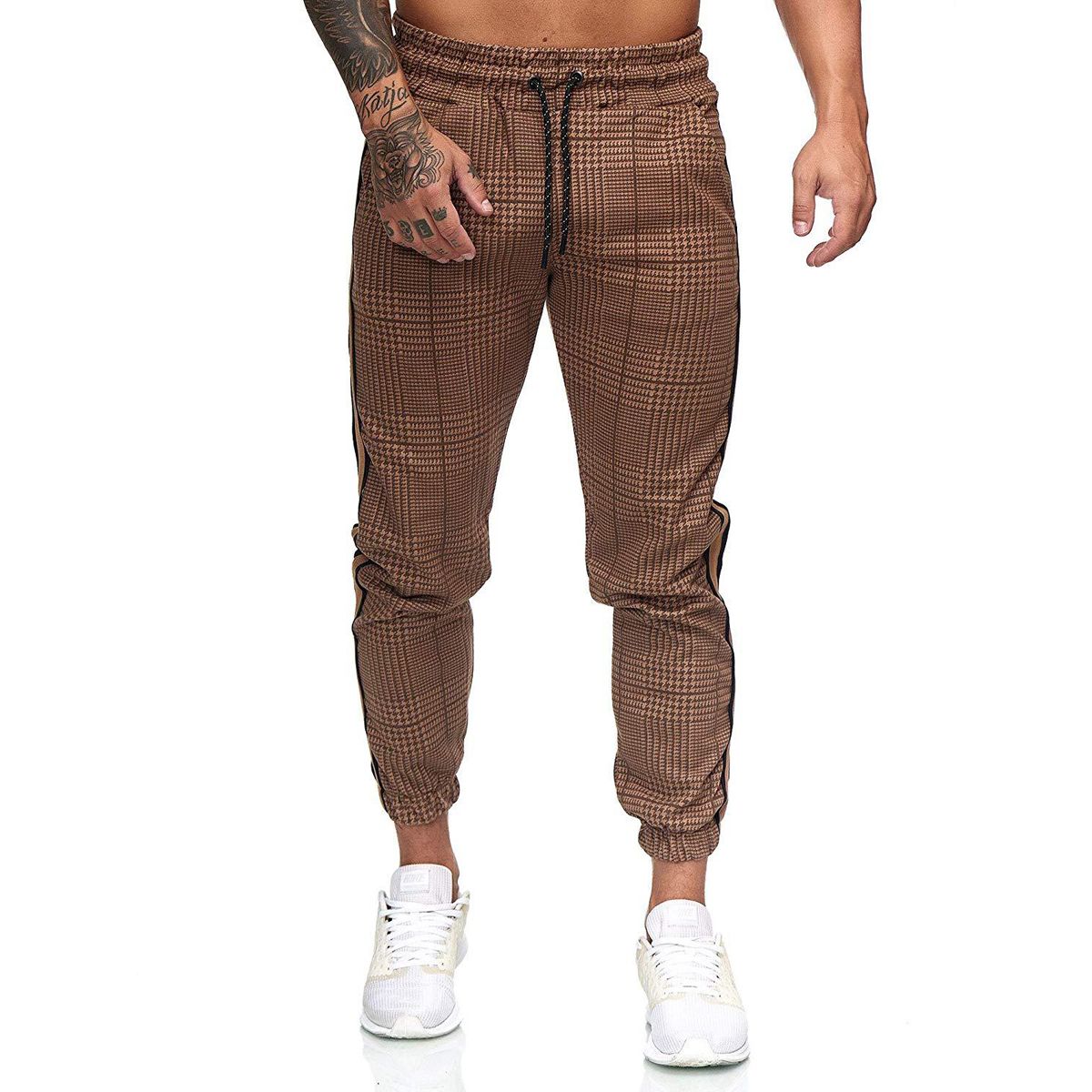 Casual Men Plaid Ankle Slim Fit Pants Midwaist Men Stretch Pants Hip Hop Jogger Pants Length Fashion Breathing Casual Trousers