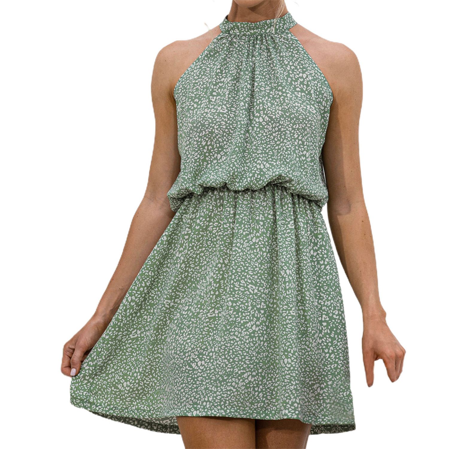 Women Dress Simple Floral Print Sleeveless Halterni Dress