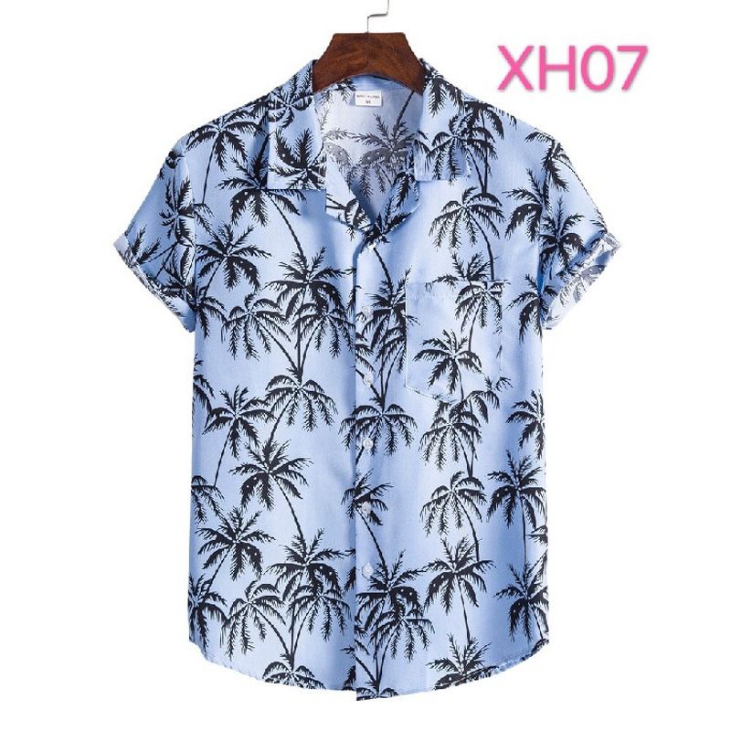 Men's Shirt Summer 2021 New Hawaiian Shirt Man Print Beach Pocket Vintage Short Sleeve Tops Fashion Shirts Clothing Blouses