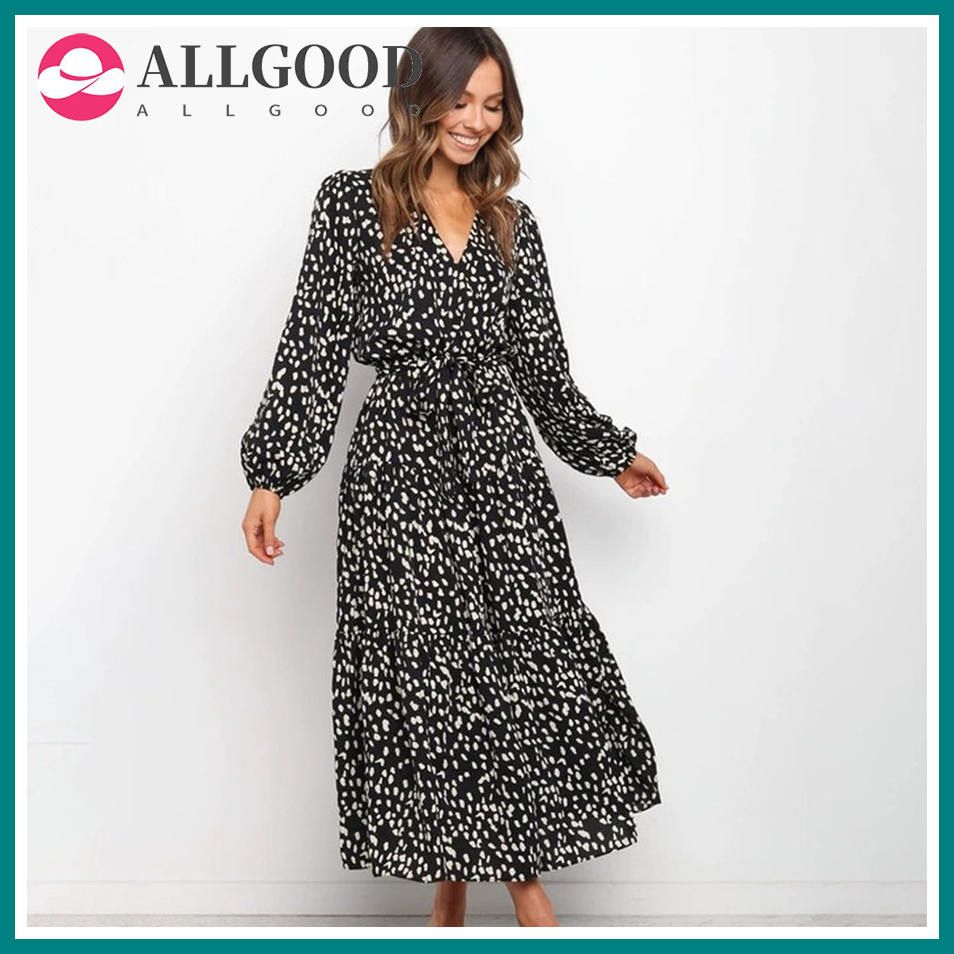Autumn Leopard Print Loose Big Hem Maxi Dresses Women  Casual V-neck Long Sleeve Sashes Ruffles Dress Woman Boho Long Dress