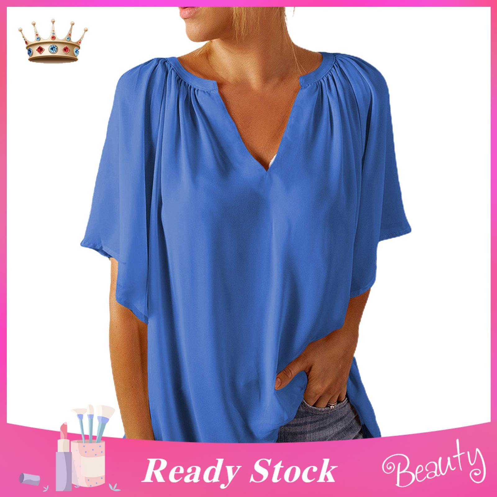 Women Blouse Pleats Half Sleeve Folds Blouse
