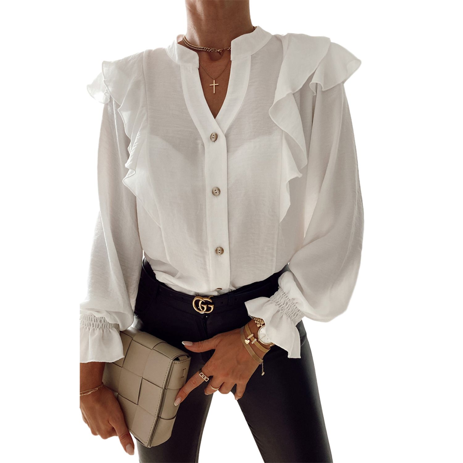 Women Long Sleeve V-neck Buttons Shirt Fashion Long Sleeve Blouse for Women Ladies