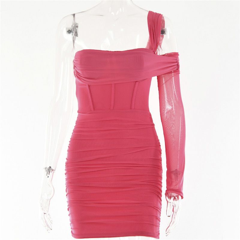 Mozision Double Layer Mesh Bodycon Dress Women's Summer One Shoulder Zipper Mini Dresses Women  Night Club Party Dress