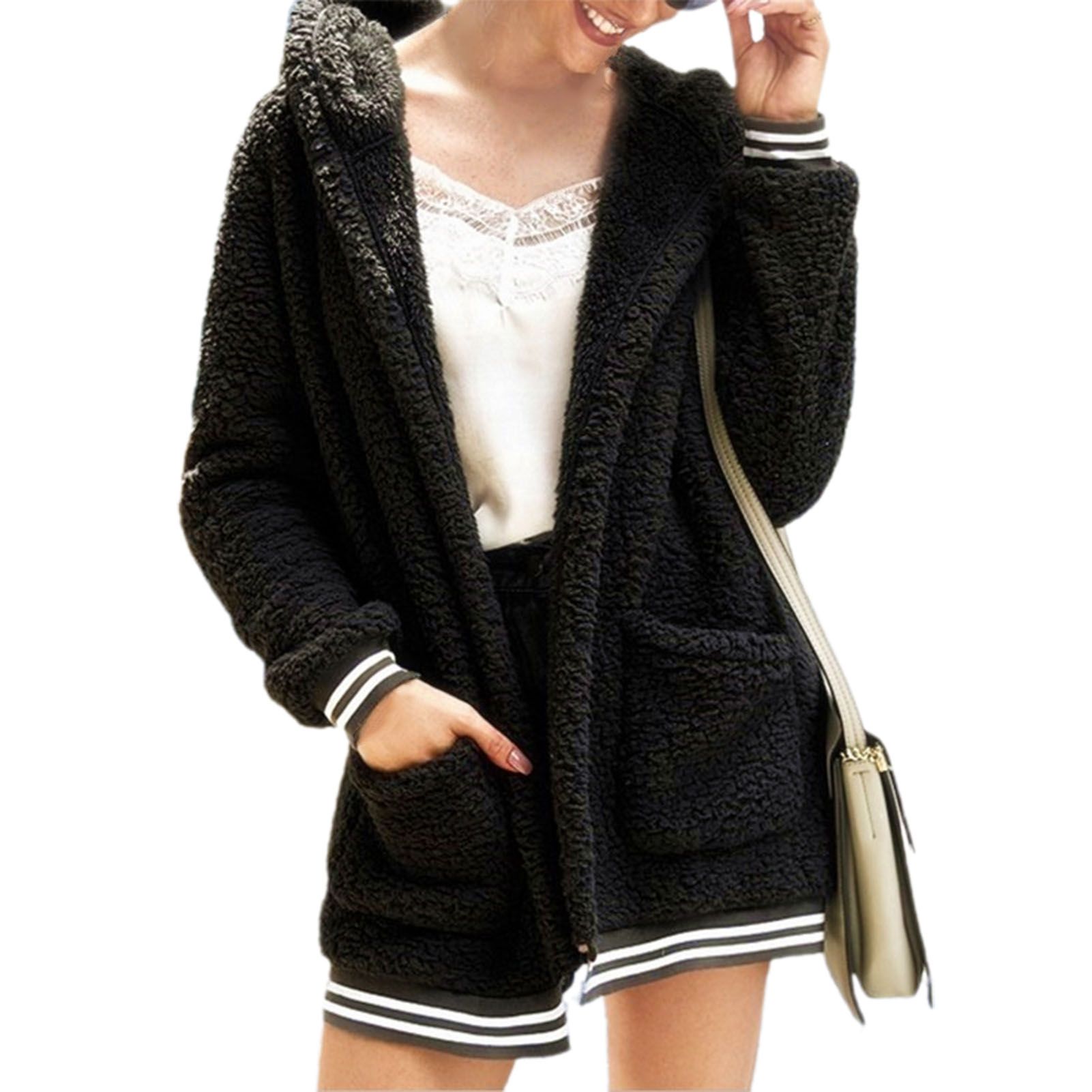 Cardigan Jacket Ribbed Cuff Big Pockets Hooded Women Fleece Jacket