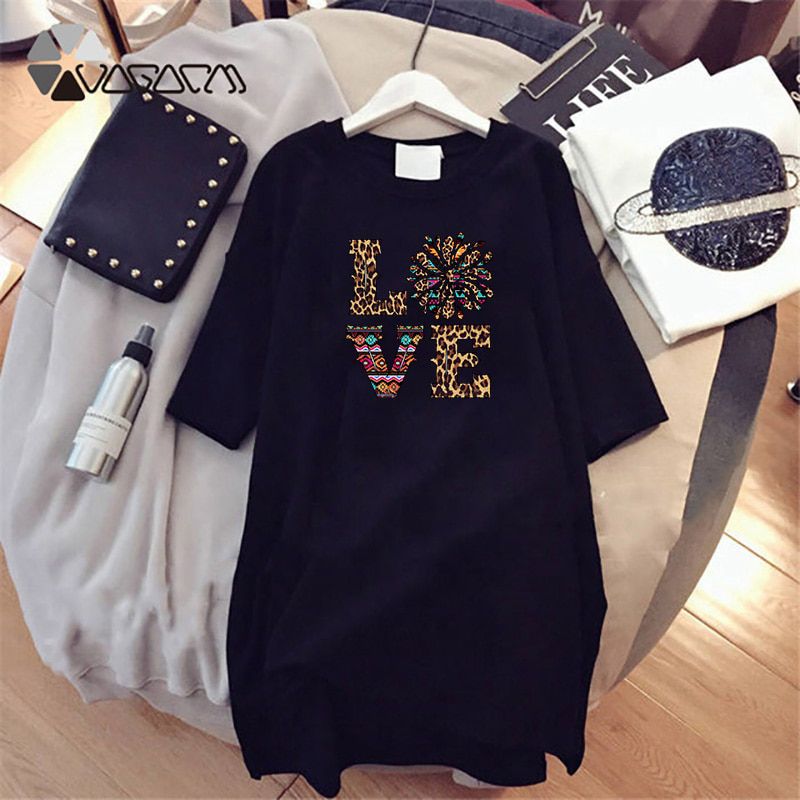 2021 Women Leopard Dress Letter Print Summer Short Dresses Short Sleeve Simple Casual Loose Female Party Home Vestidos