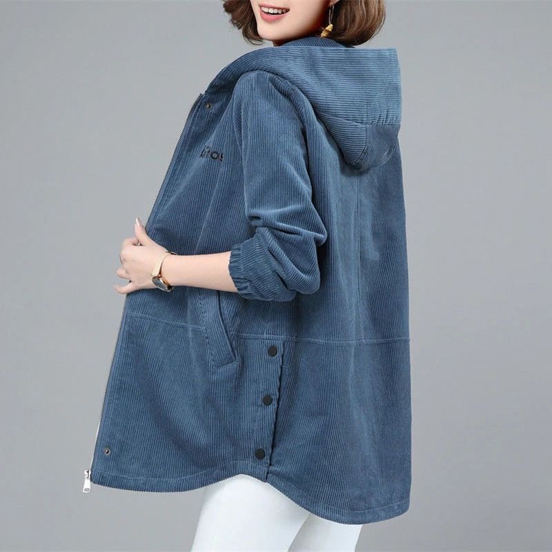 Spring Autumn  Fashion Corduroy Zipper Jacket Female Hooded Loose Outwear Plus size Women's Casual Windbreaker Coat