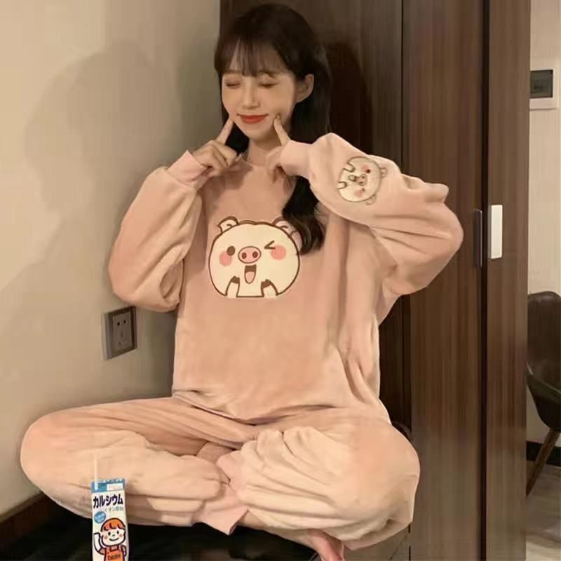 Women Pajama Set  Autumn Winter Pajamas Flannel Cartoon Thicken Warm Long Sleeve Women Sleepwear 2 Pieces Suit Homewear