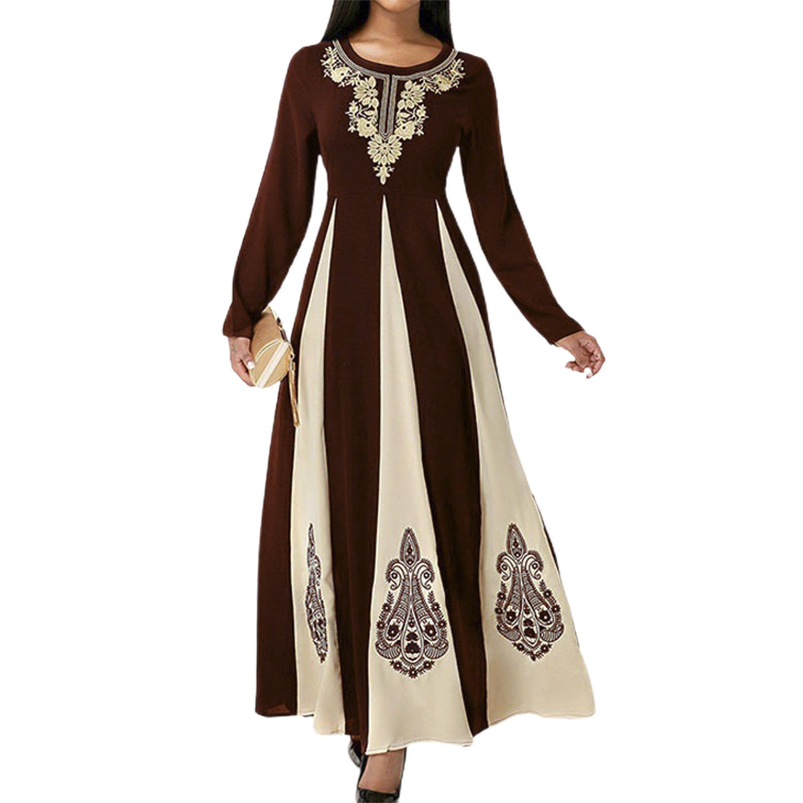 Women Dress Crew Neck High Waist Patchwork Printed Maxi Dress
