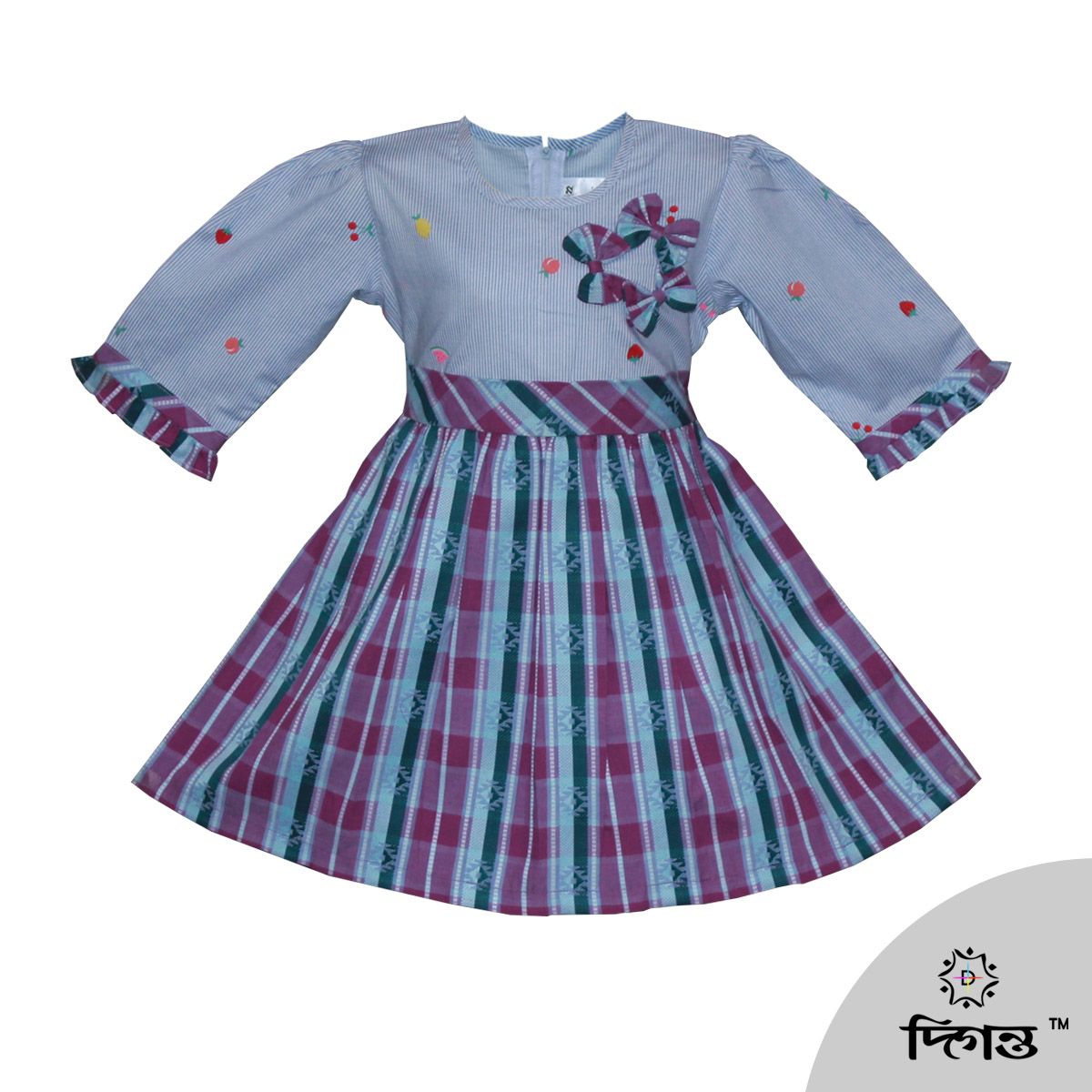 Strawberrie Print & Purple Chek Cotton Frock for Girls