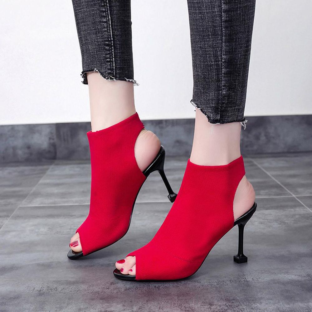 【ALLGOOD】Women's Fish Mouth Open Toe Stiletto Shoes Stretch Knit High Heels Roman Shoes
