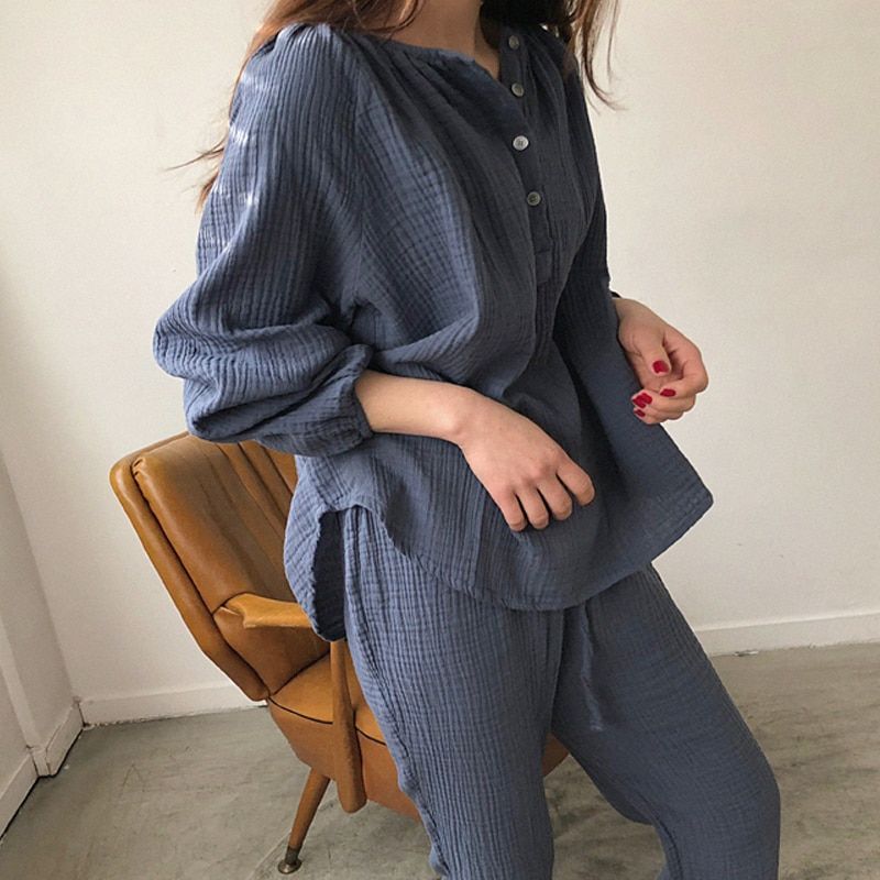 Breathable spring autumn women red blue pajamas set long sleeve sleepwear contton linen loose sweet drawstring pants sets L261