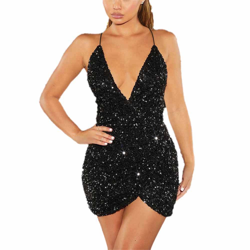 New Women's  V Neck Straps Backless Bodycon Sequin Dress Irregular  Sequin Dress European and Am