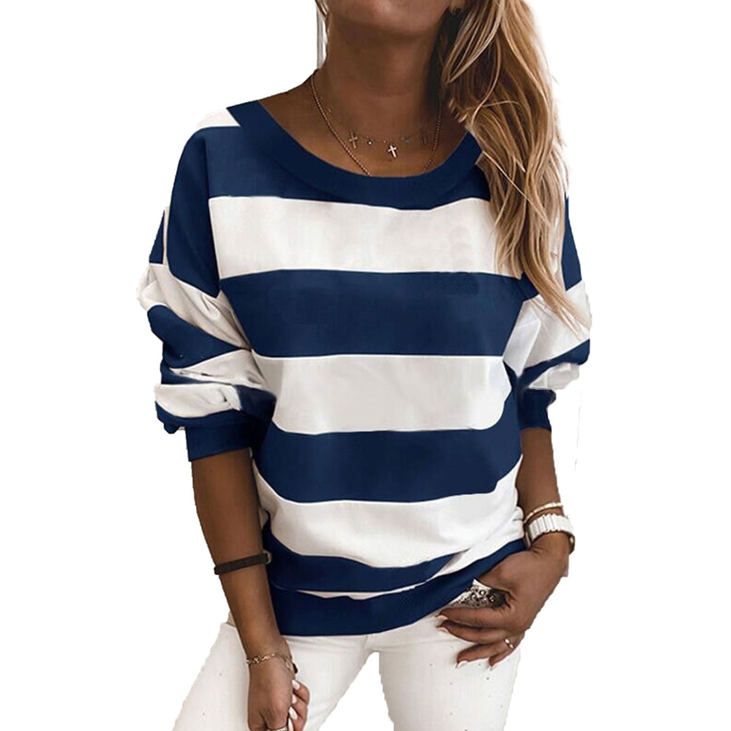 Women Horizontal Stripes Pullover, Long Sleeve Round Neck T-shirt Autumn and Winter Loose Sweater