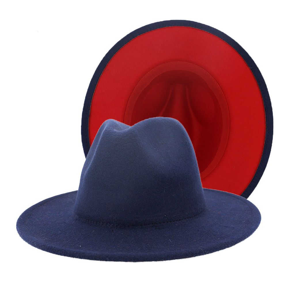 British Style Navy Blue Red Patchwork Jazz Hat Cap Men Women Flat Brim Wool Blend Fedora Panama Trilby Vintage Hat