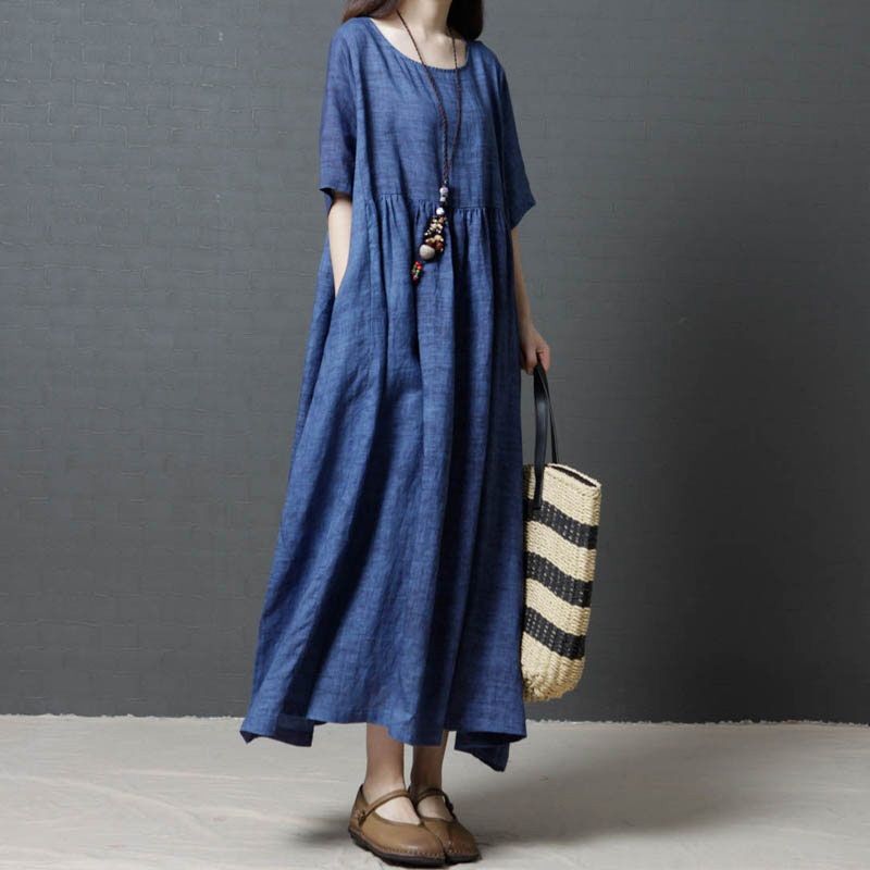 Summer Round Neck Solid Color Ramie Loose Dress for Women