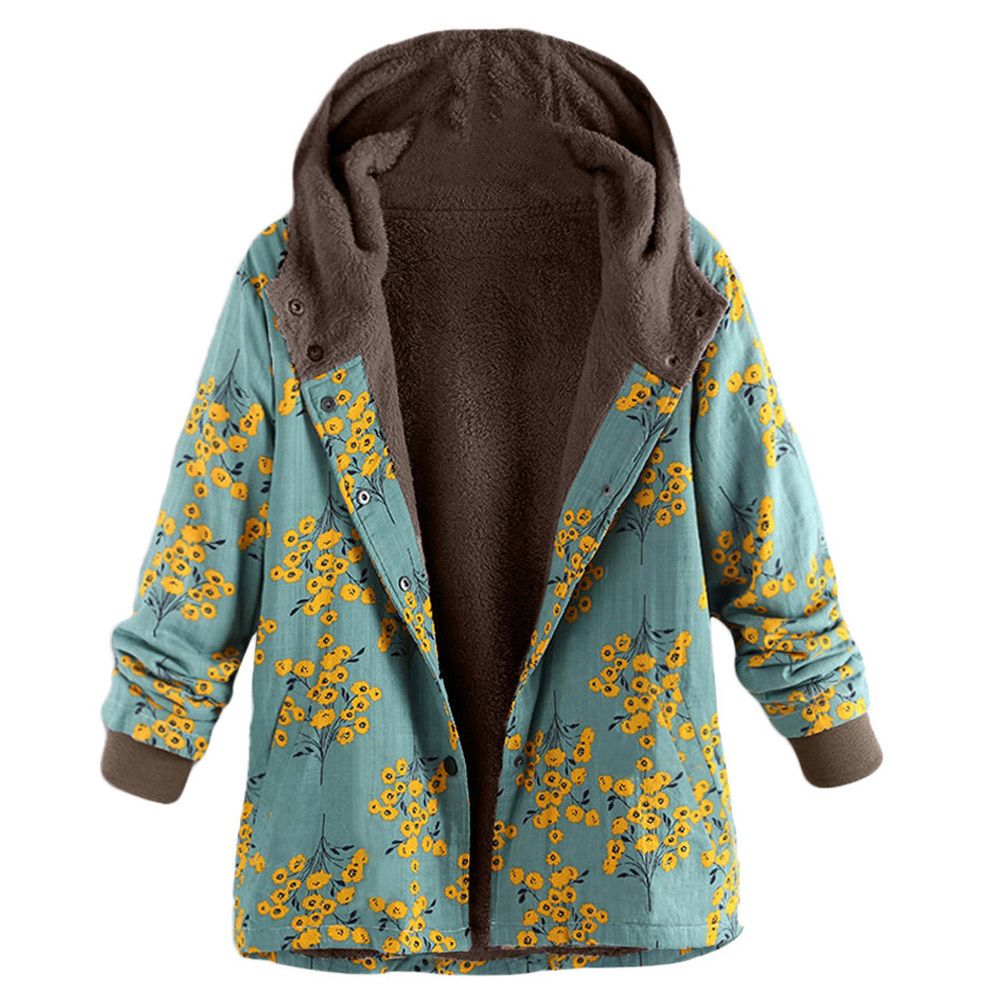 Retro Women Floral Print Thicken Long Sleeve Hooded Button Padded Coat Outwear