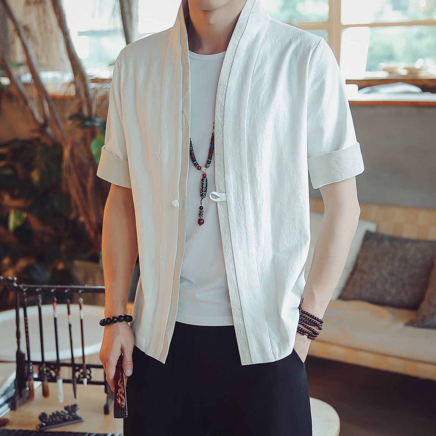 Chinese Style Shirt Men Cotton Linen Shirt Male Loose Cardigan Short Sleeve Stand collar