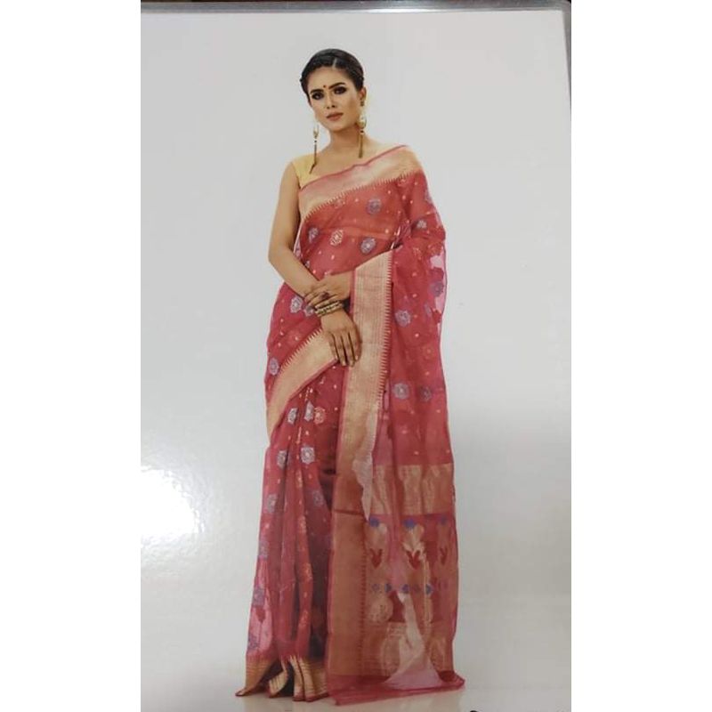 Multicolor HalfSilk Jamdani Saree with Blouse Piece for Women