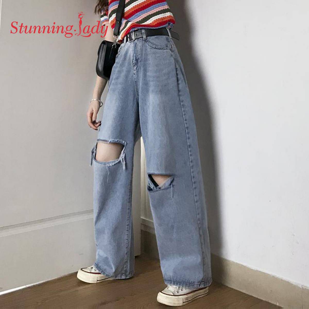 Plus size 4XL knee hole jeans were thin high waist straight leggings summer ladies wide leg jeans loose