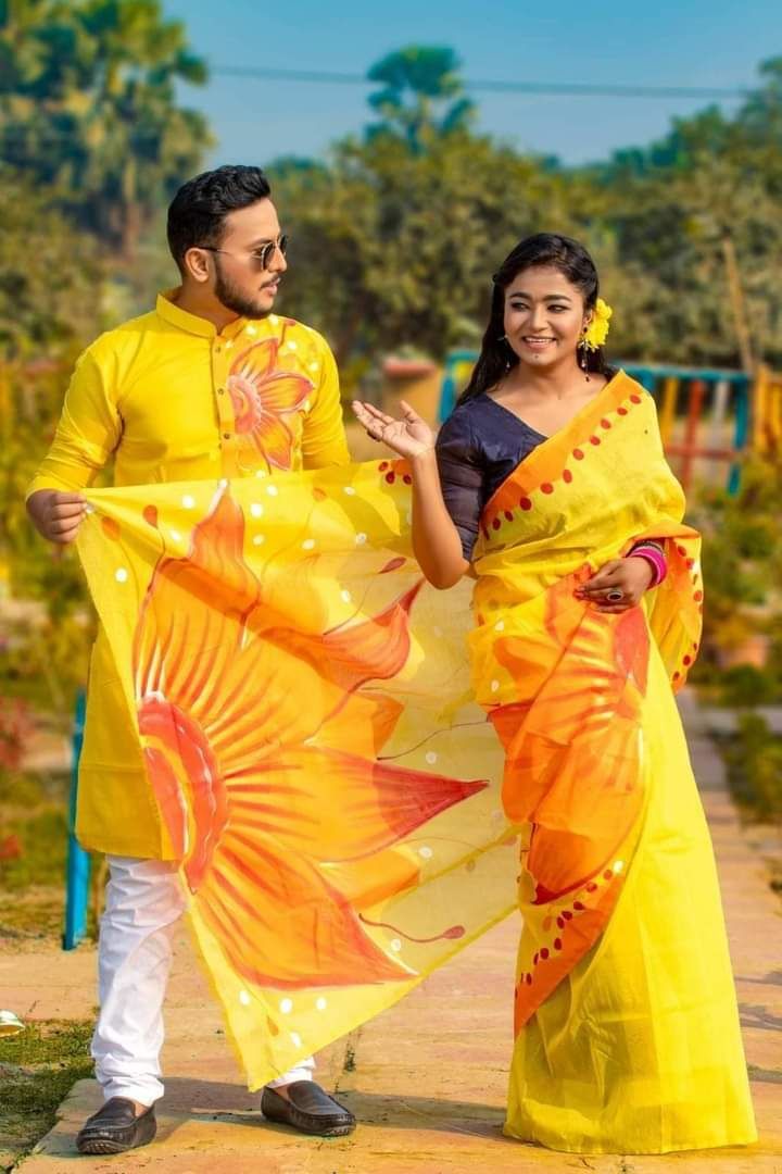 Half Silk Hand Print Saree And Dhupian Panjabi For Combo Couple Dress