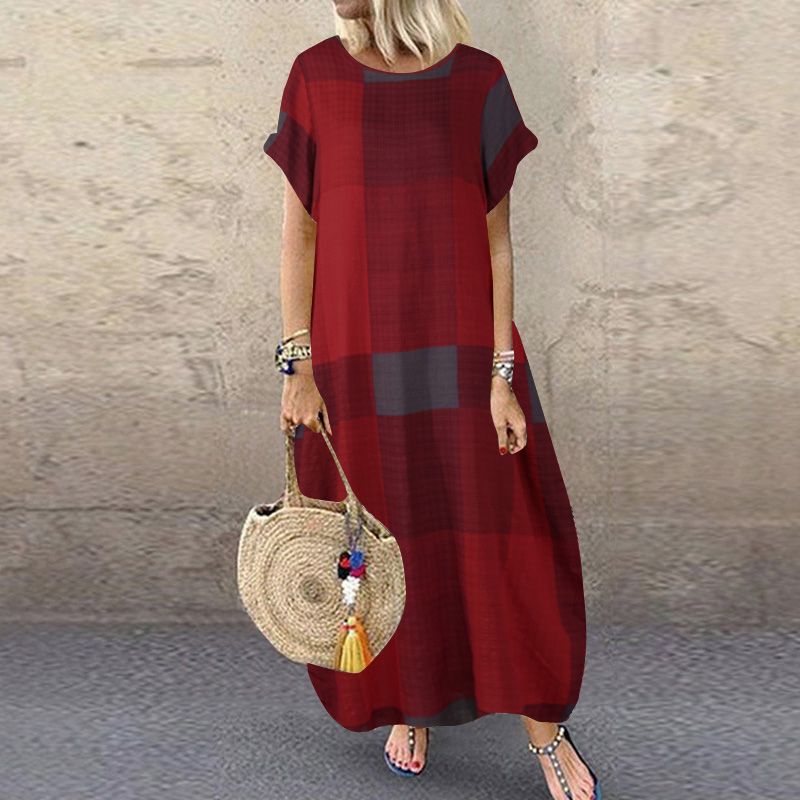 ZANZEA Bohemia Women's Summer Short Sleeve Plaid Baggy Sundress Casual Kaftan Maxi Tunic Dresses
