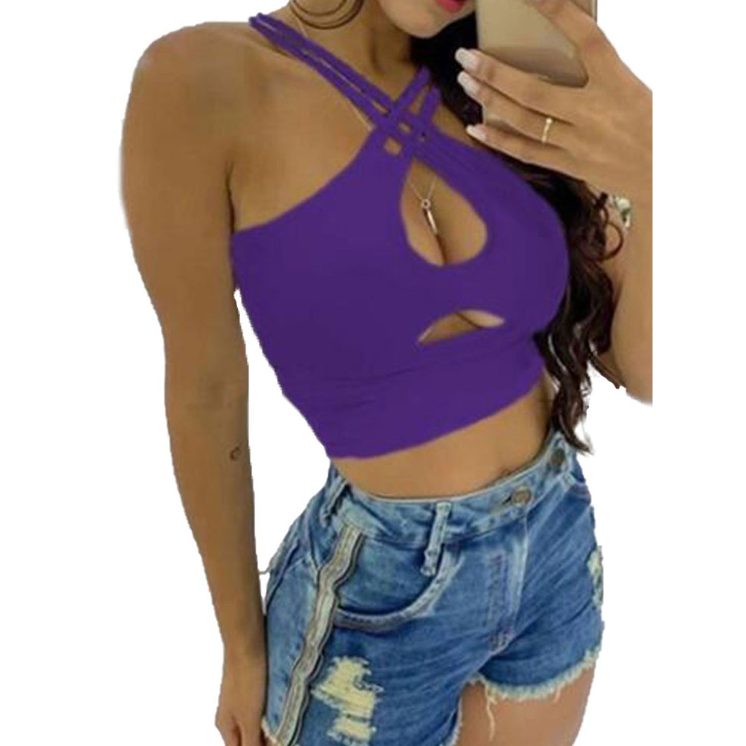 Women Sexy Cut Out Camisole, Double Cross Spaghetti Straps Wrap Bandeau Crop Tank Top