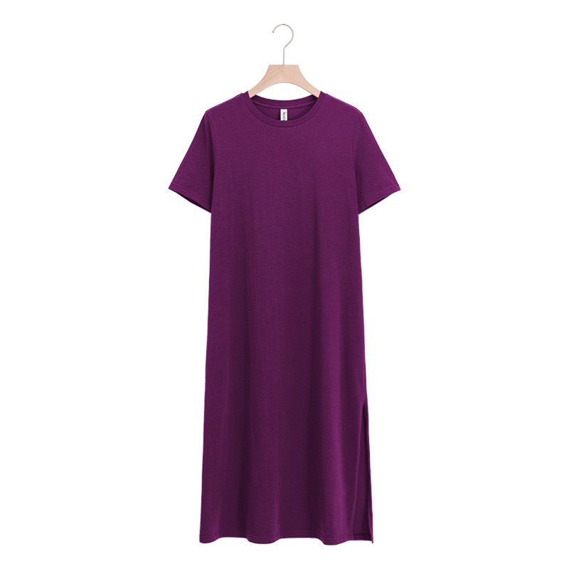 Casual 94% Cotton Summer Women Dresses Solid Short Sleeve Spilt Long Midi Sundress Fashion Sundress Female Clothing M30465