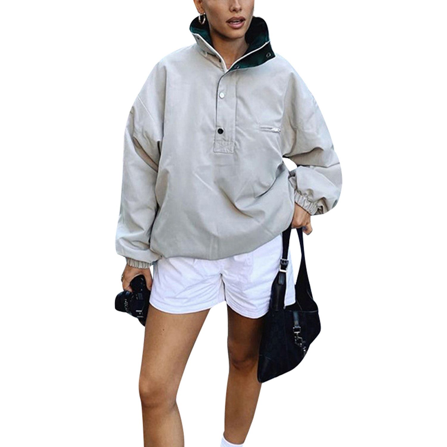 Women Color Block Jacket, Adults Autumn Turn-down Collar Long Sleeve Zipper Pocket Outerwear
