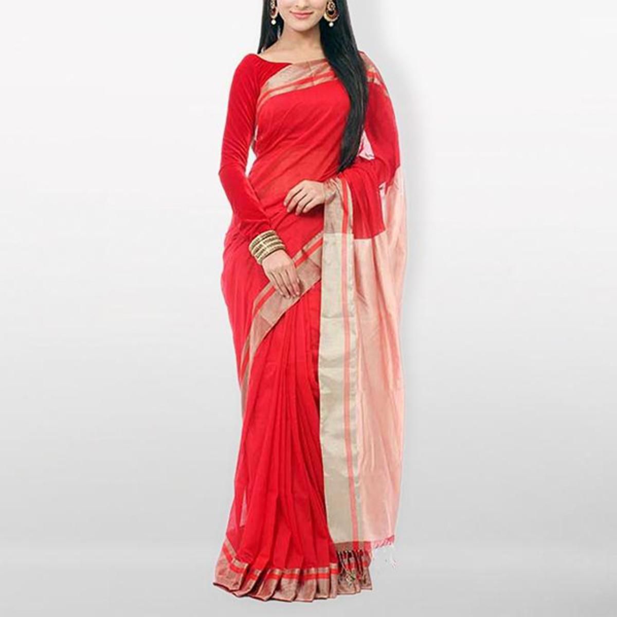 Red  Handloom  Cotton  Tant  Saree  For  Women