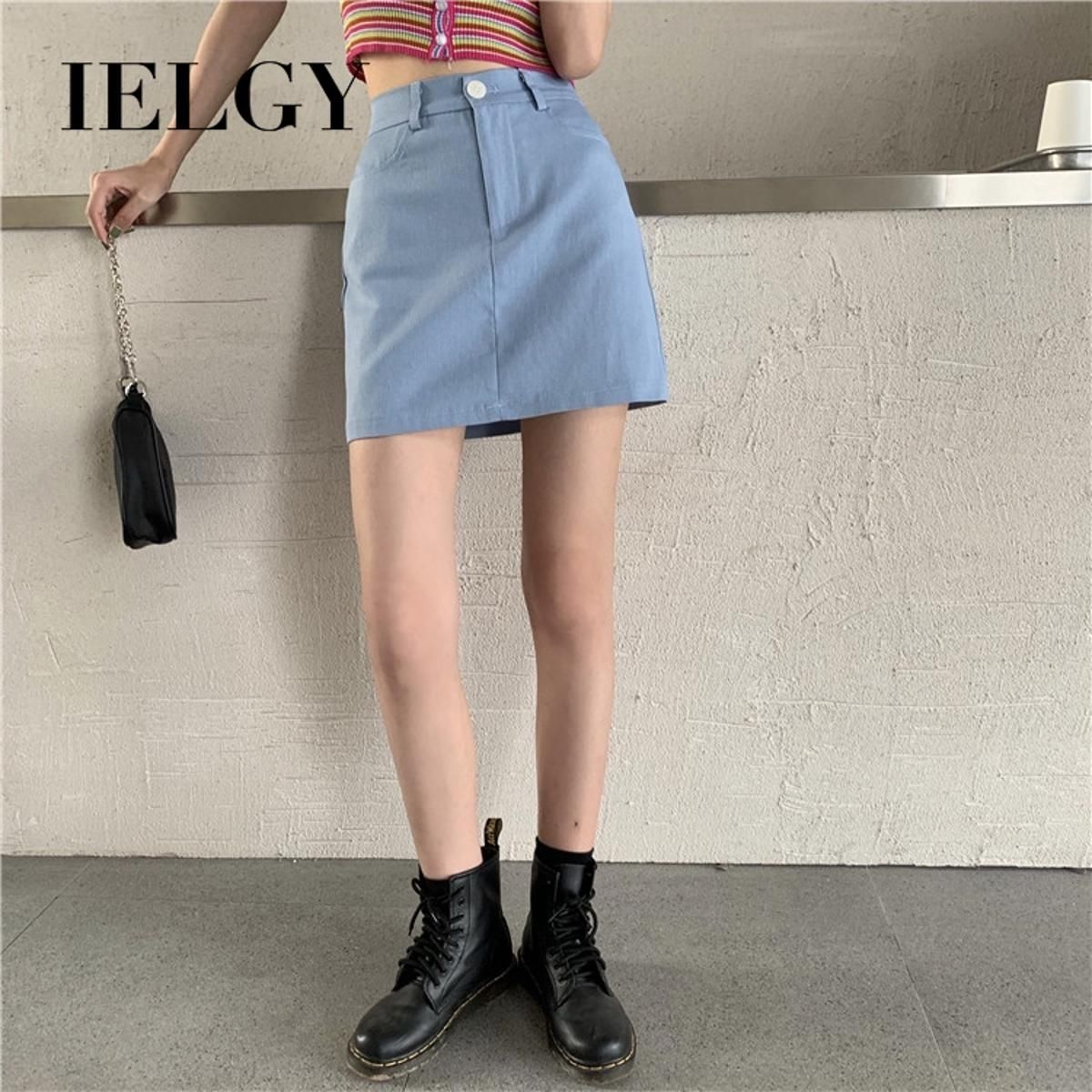 IELGY solid color skirt summer high waist bag hip skirt retro short skirt Korean women's A-line skirt fashion
