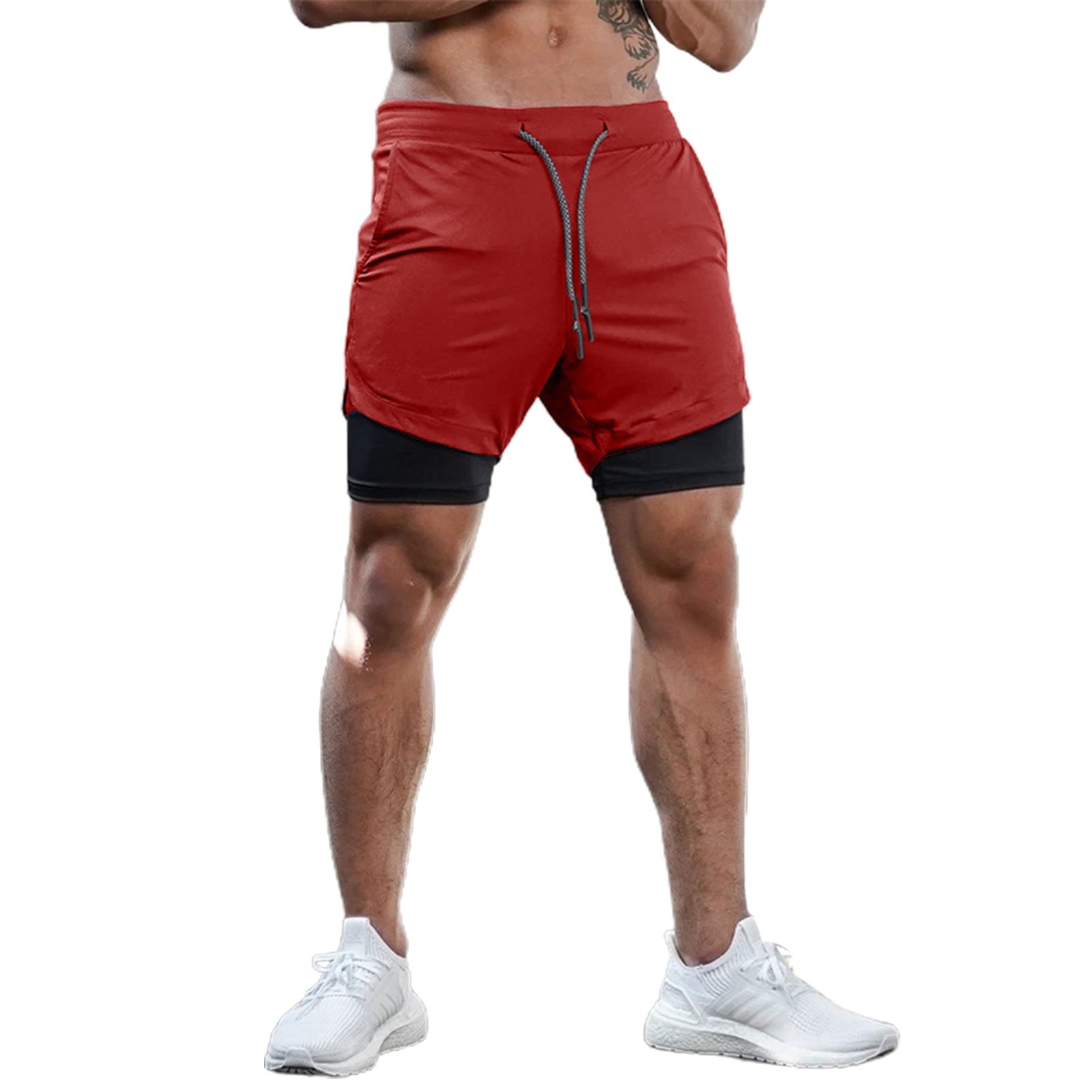 Men Shorts Double-deck Adjustable Waistband Polyester Highly Elastic Running Shorts for Running