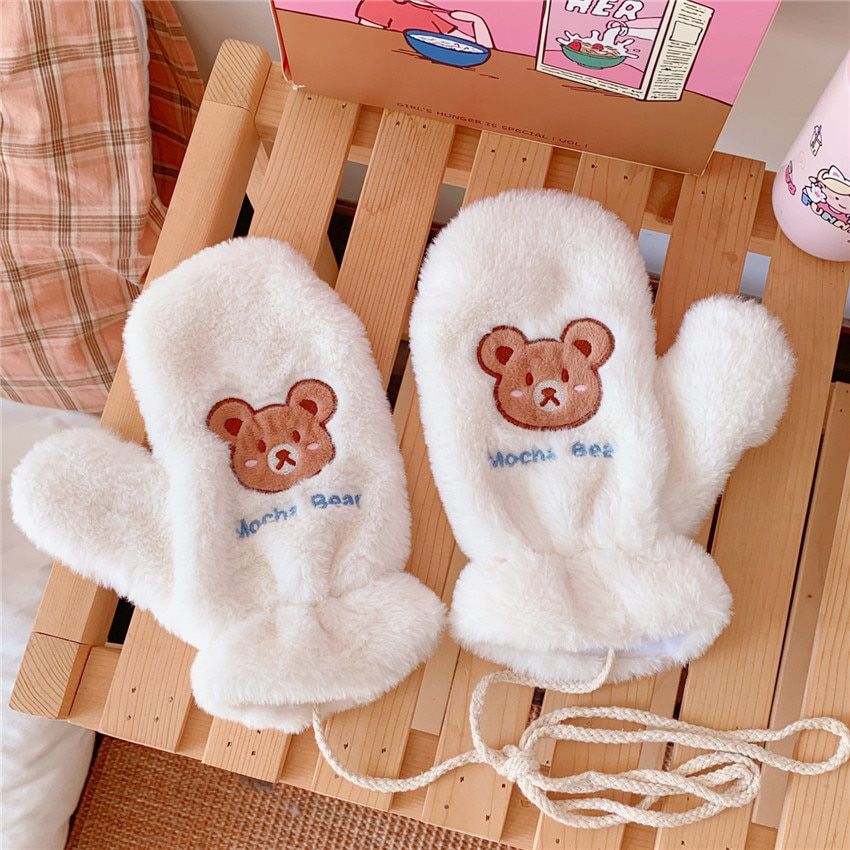 New Winter Women Korean Ins Bear Mittens Gloves Kawaii Cute Various Bear Warm Plush Pink Gloves Girls Riding Full Finger Gloves