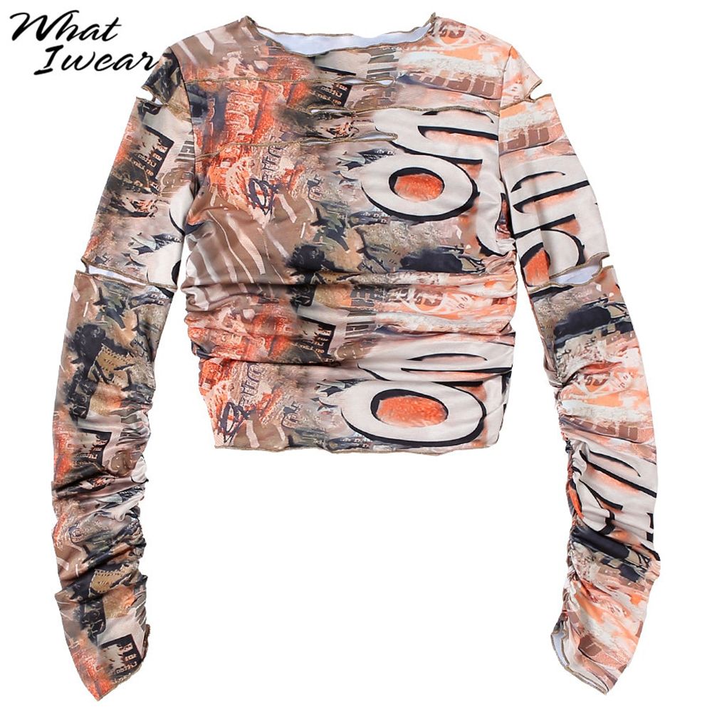 Casual Print Stacked T Shirt Women Hole Graphic Shirts 2020 Y2k Soft Fabric Long Sleeve Autumn New clothes Female Tee Streetwear