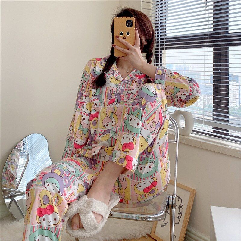 Spring Autumn Pink Women Pajamas Set Cute Cartoon Girls Korean Nightwear Long Sleeve Trousers Lounge Sleepwear M-2XL