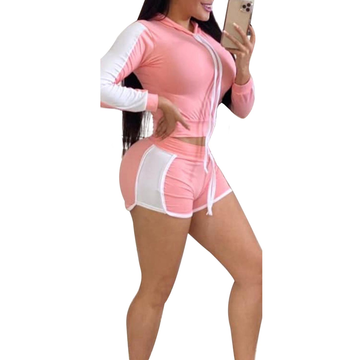Women Long Sleeve Short Pants Sportswear, Tight Lace-up Bare Midriff Leisure Suit, Lightweight Elastic Lounge Set