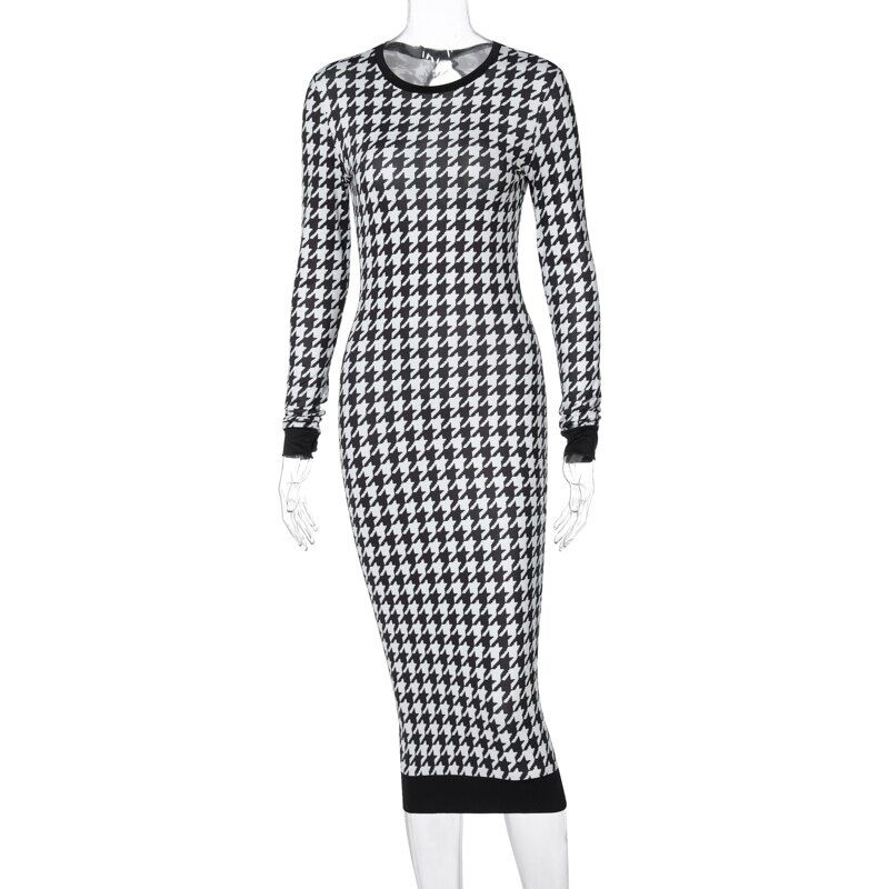 Dulzura Houndstooth Print Women Long Sleeve Midi Dress Hollow Out Bodycon Streetwear Autumn Winter Club Elegant Slim